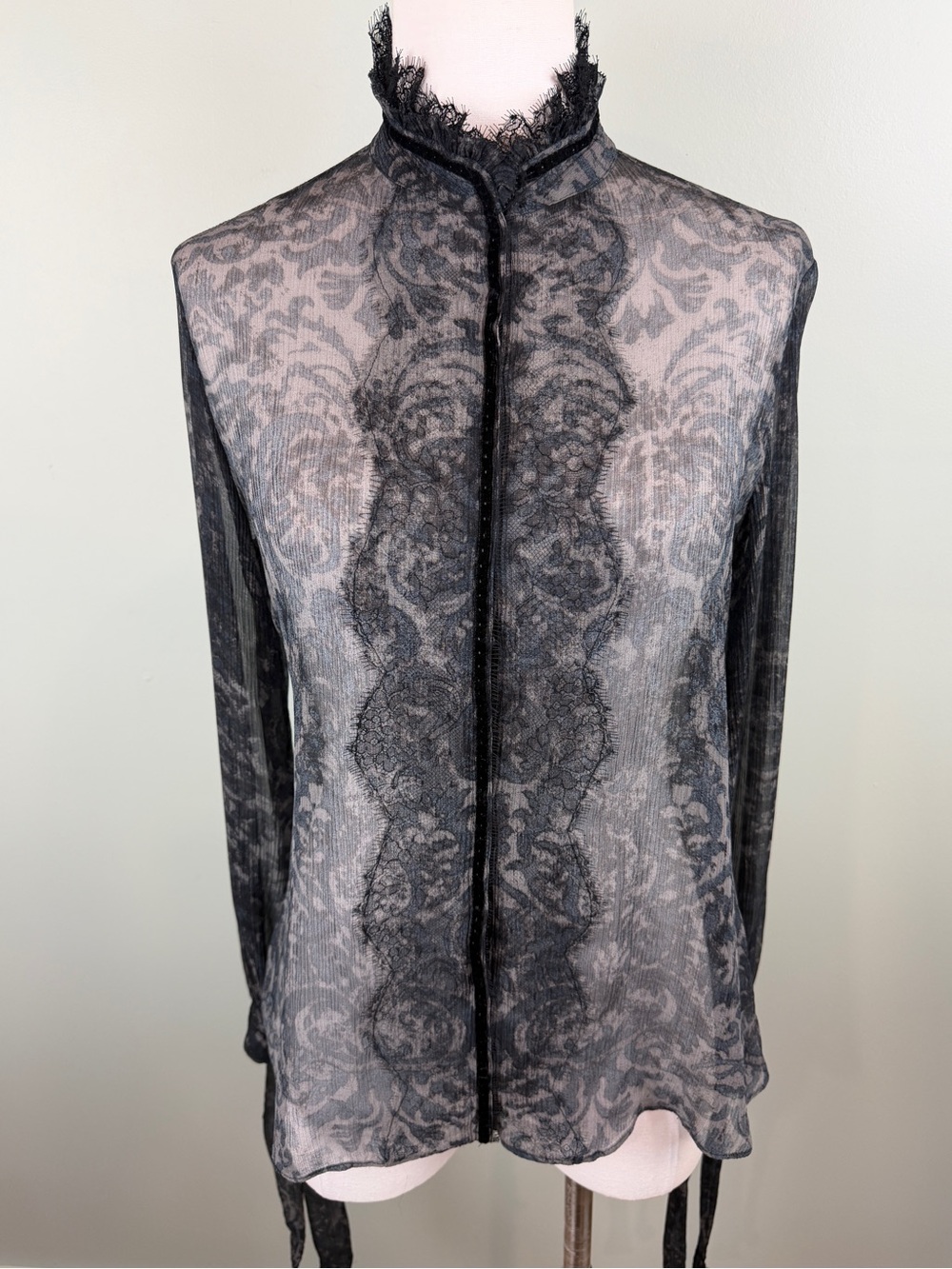 Elie Tahari Sheer Silk Black Lace-Accent Witchy Goth Edwardian Blouse size Med.